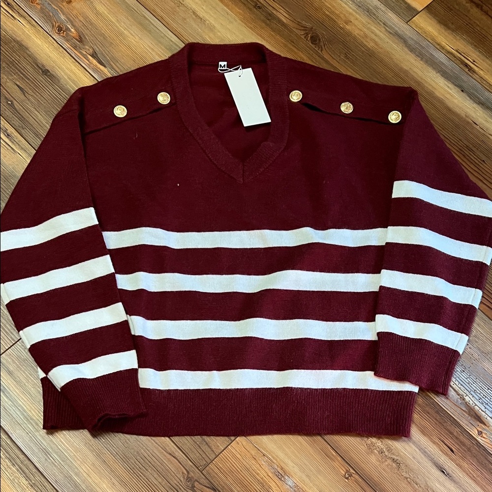 Burgundy and White Striped Sweater with Gold Buttons